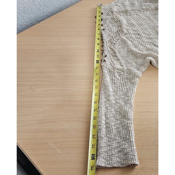Beige Distressed Knit Sweater With Gold Studs On Long Sleeves - Picture 6 of 12